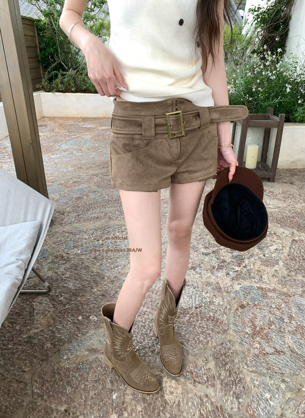 AS OFFICIAL Belgium Muse Suede Matte High-Waist Belted Shorts