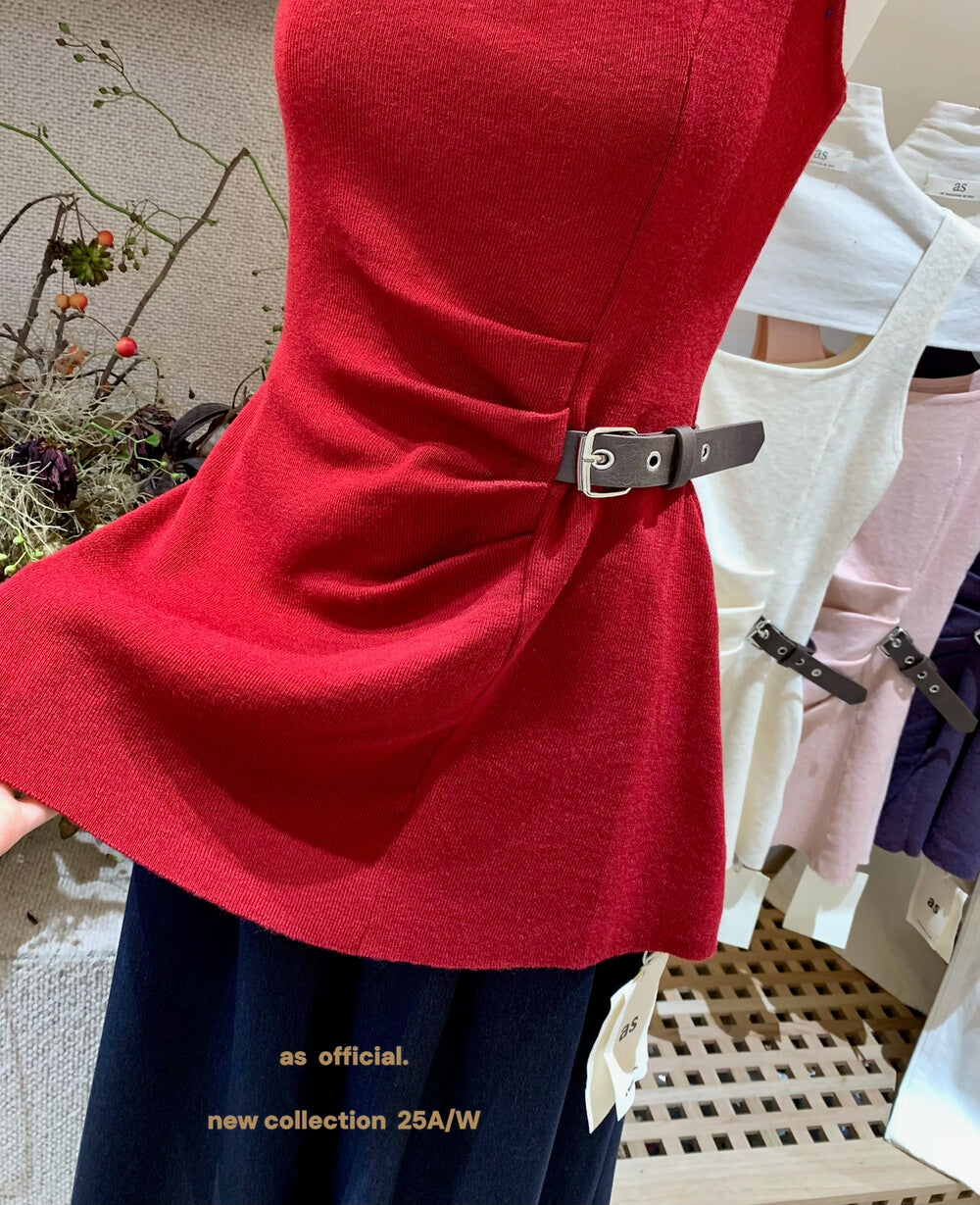 AS OFFICIAL Chic Buff Wool-Blend Belted Ruched Knit Tank