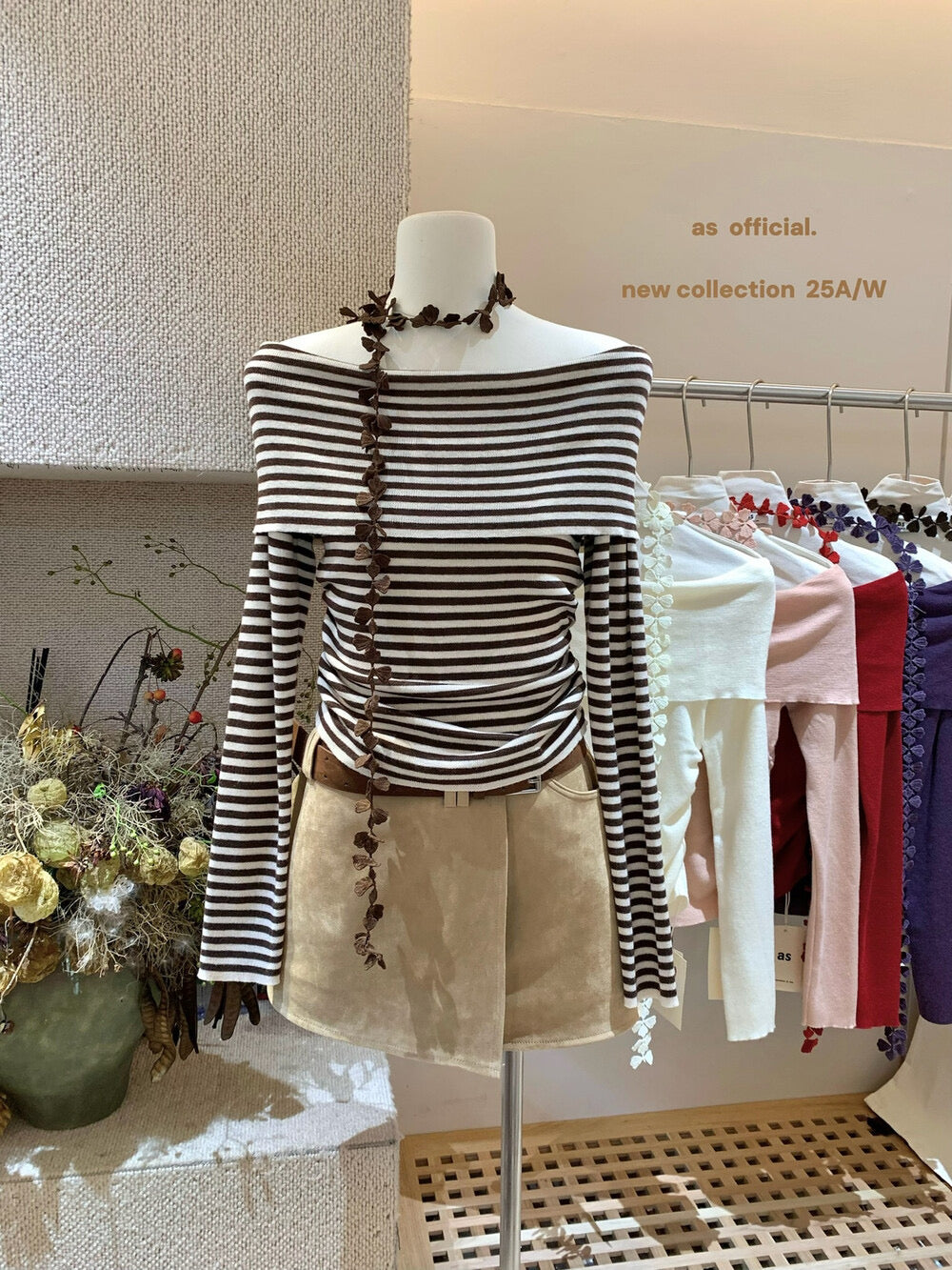 AS OFFICIAL Floral Ribbon Knit Long Sleeve Off Shoulder Top