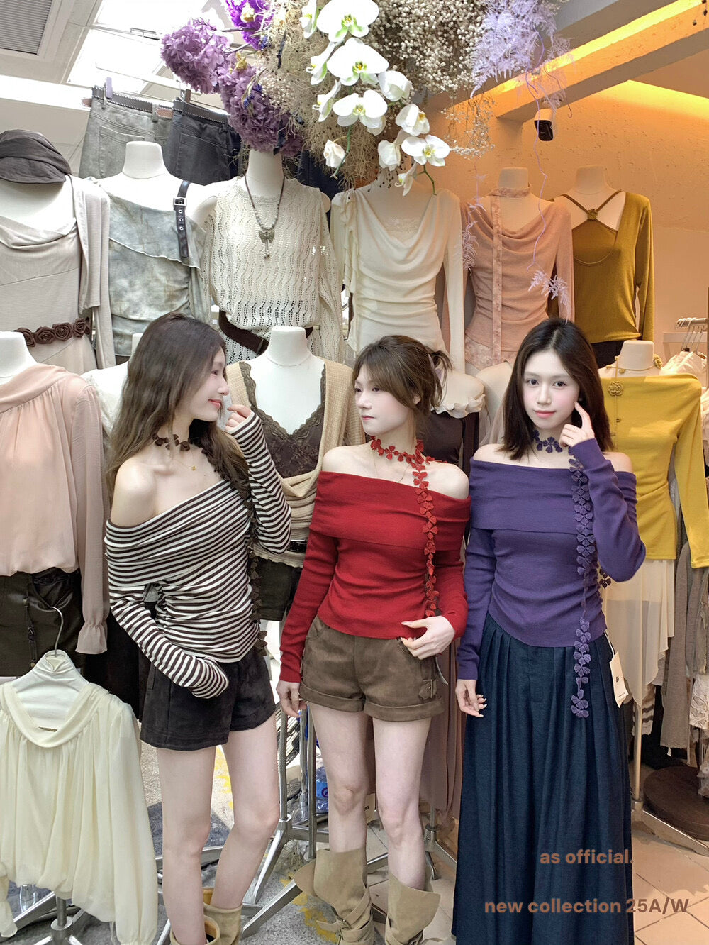 AS OFFICIAL Floral Ribbon Knit Long Sleeve Off Shoulder Top