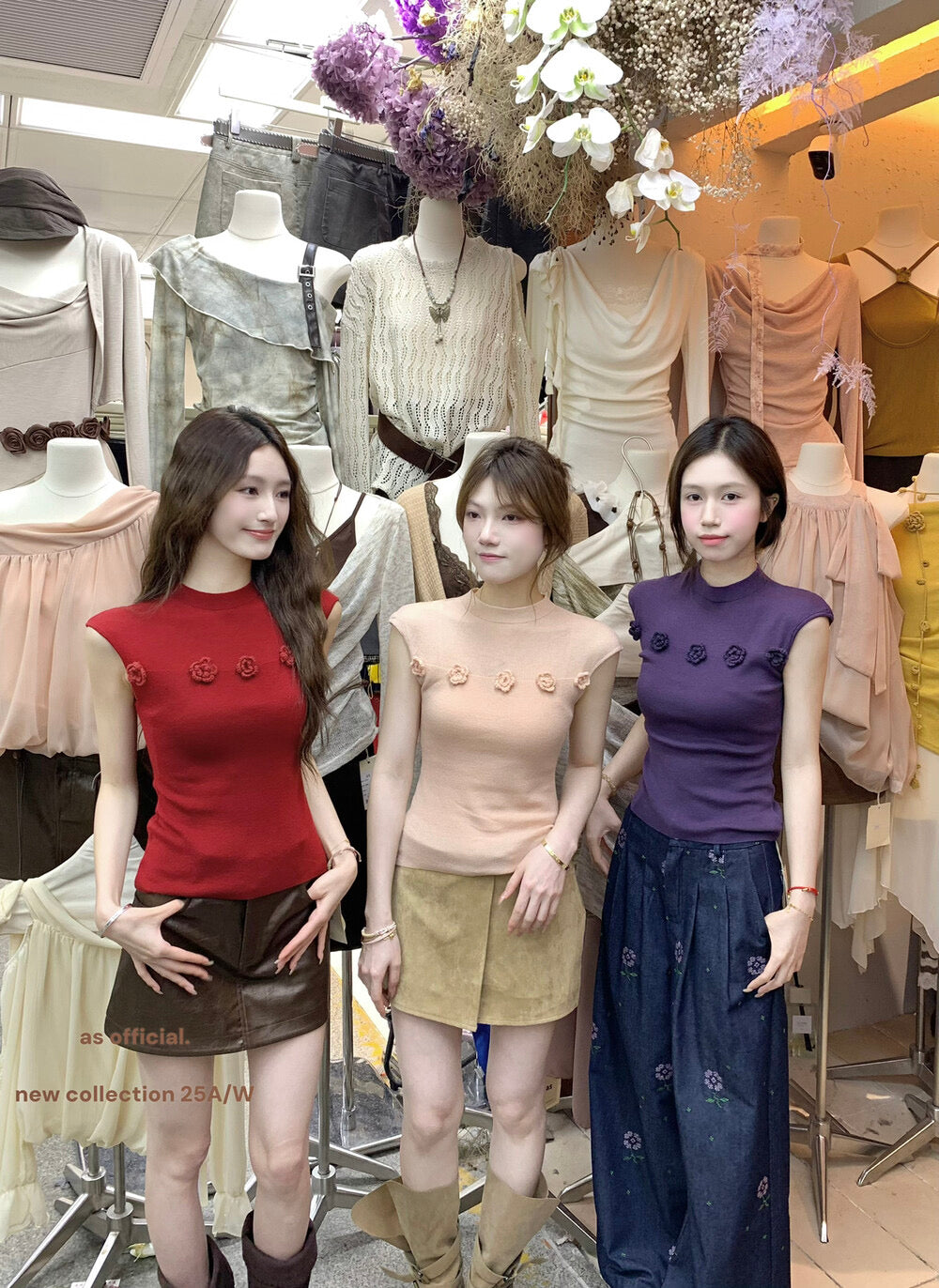 AS OFFICIAL Soft Half Turtleneck Knit Top with 3D Floral Detail
