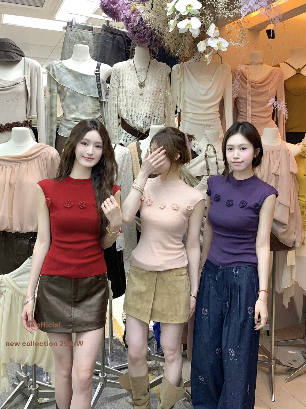 AS OFFICIAL Soft Half Turtleneck Knit Top with 3D Floral Detail