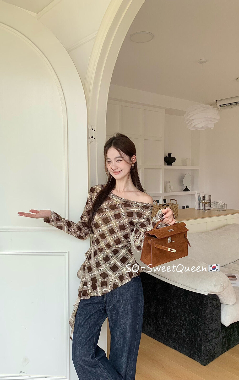 Retro Plaid One-Shoulder Slim Fit Asym Top