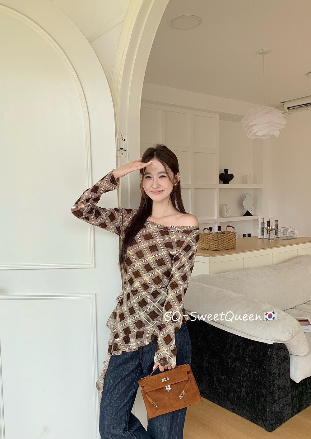 Retro Plaid One-Shoulder Slim Fit Asym Top