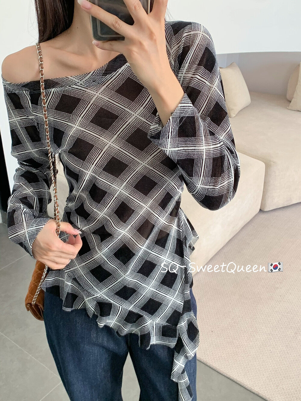 Retro Plaid One-Shoulder Slim Fit Asym Top