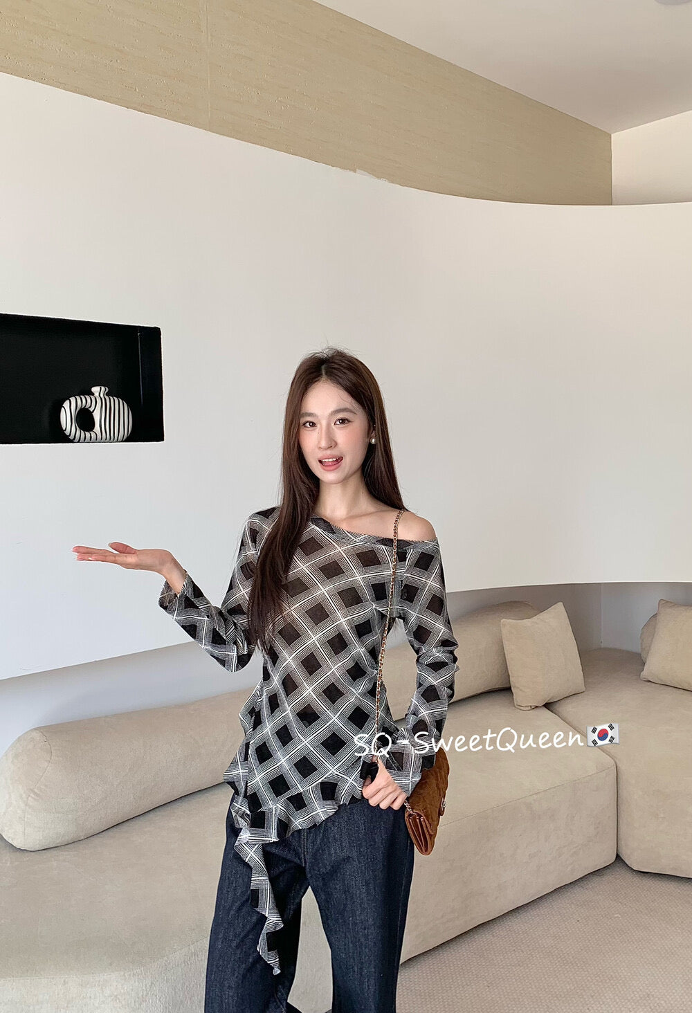Retro Plaid One-Shoulder Slim Fit Asym Top