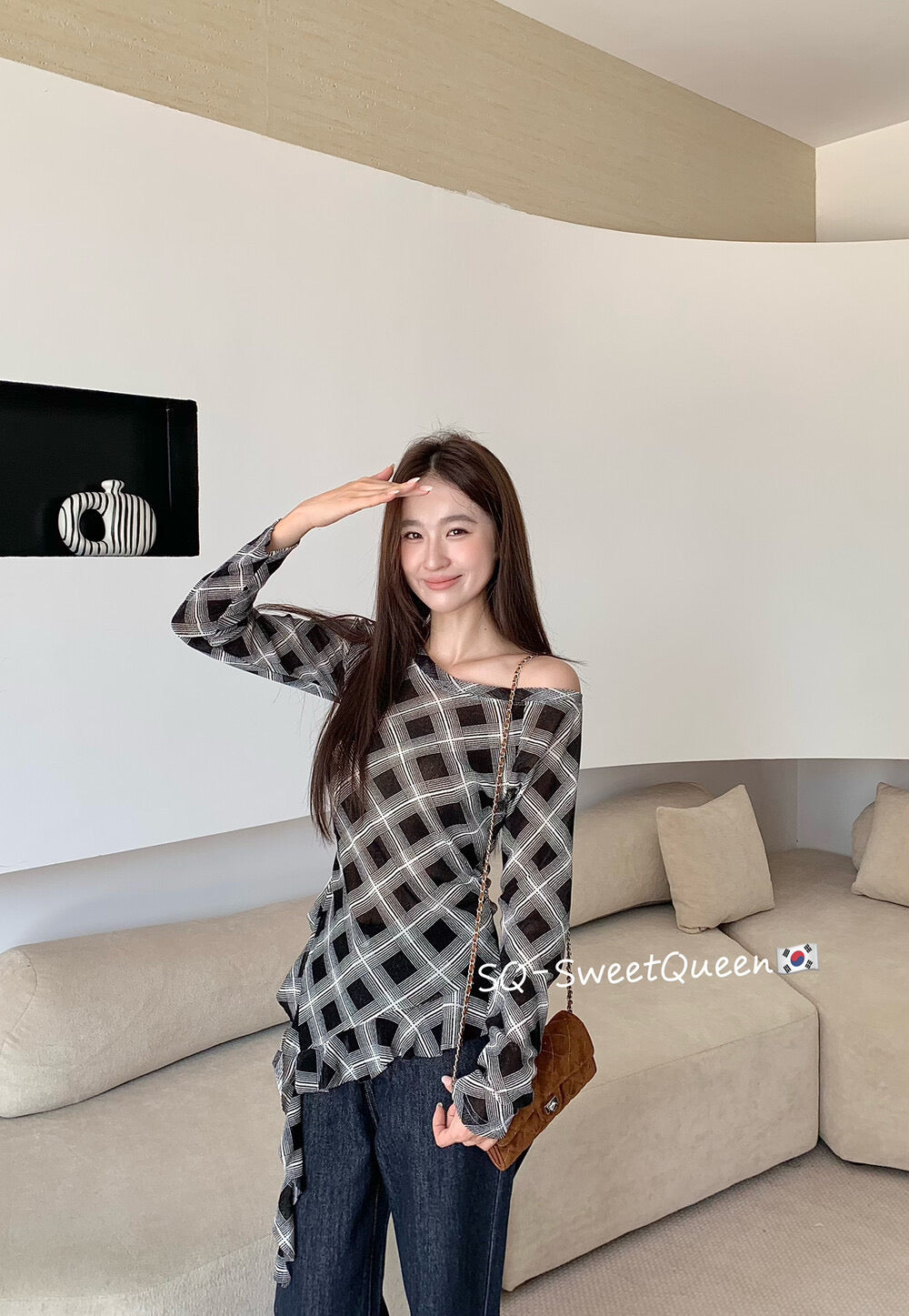 Retro Plaid One-Shoulder Slim Fit Asym Top