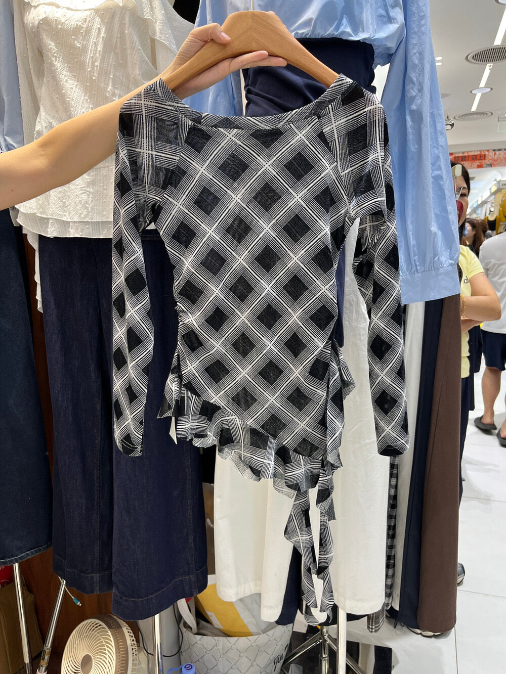 Retro Plaid One-Shoulder Slim Fit Asym Top