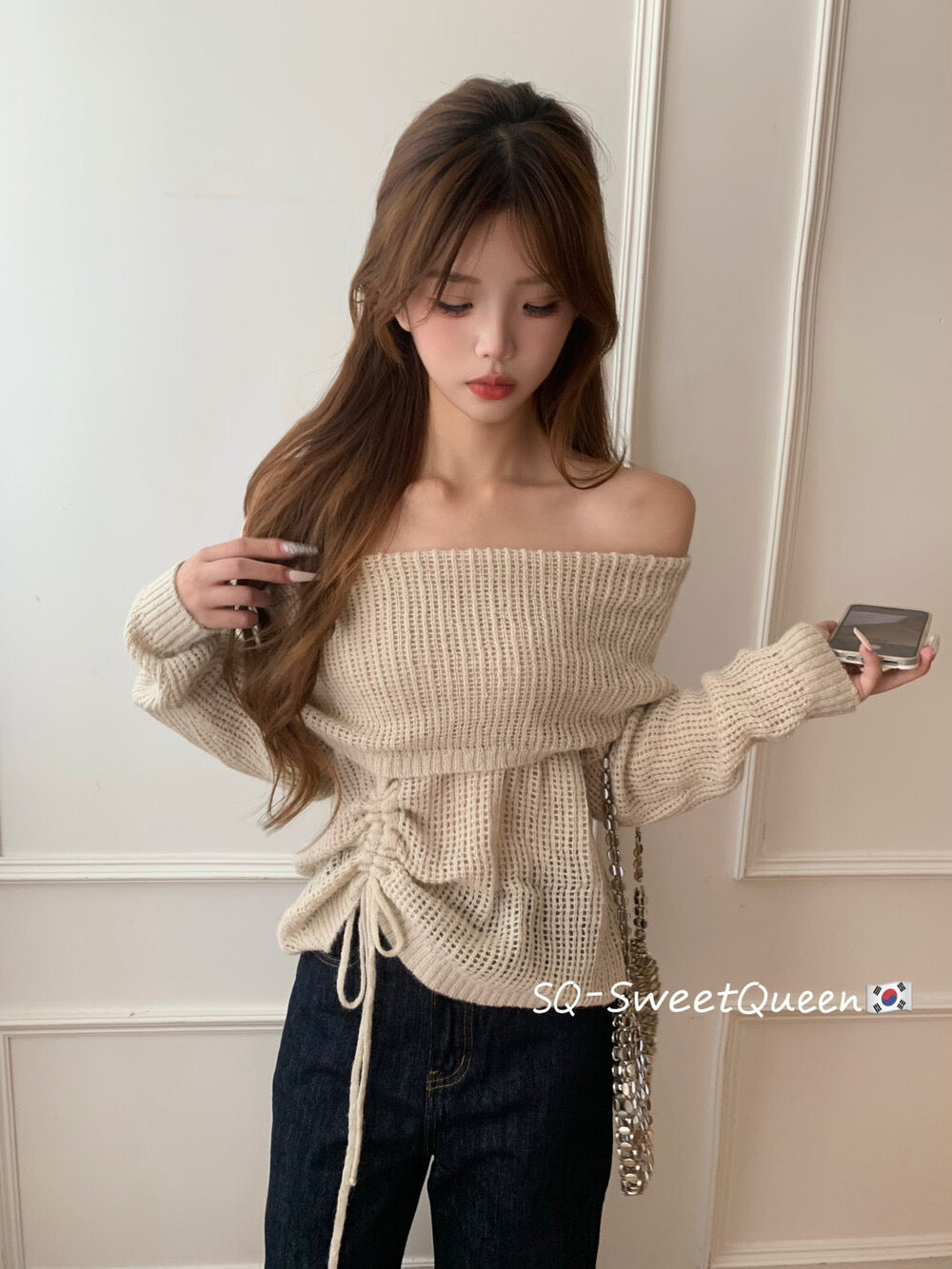Champagne Glow Off-Shoulder Mohair Knit