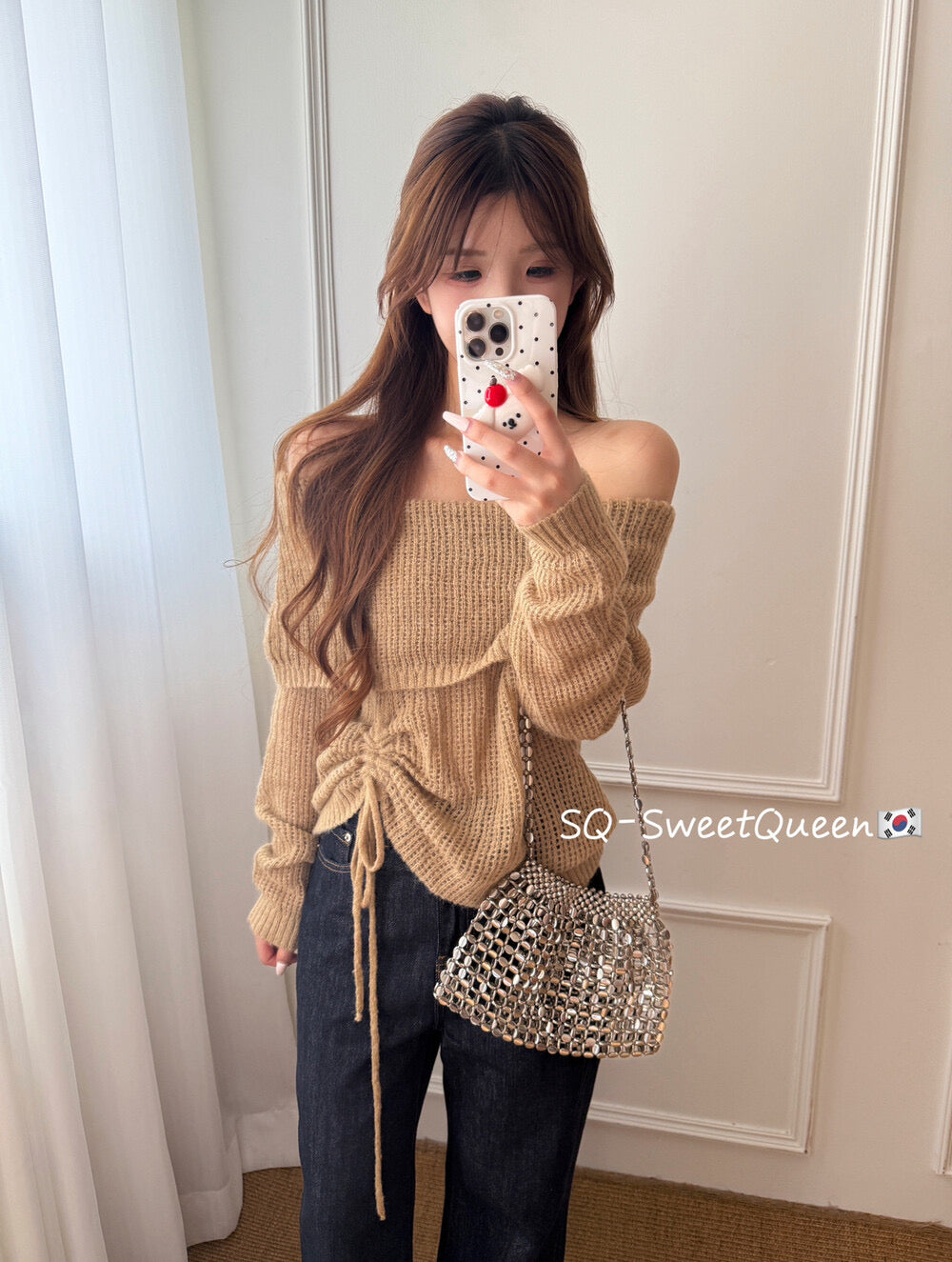 Champagne Glow Off-Shoulder Mohair Knit