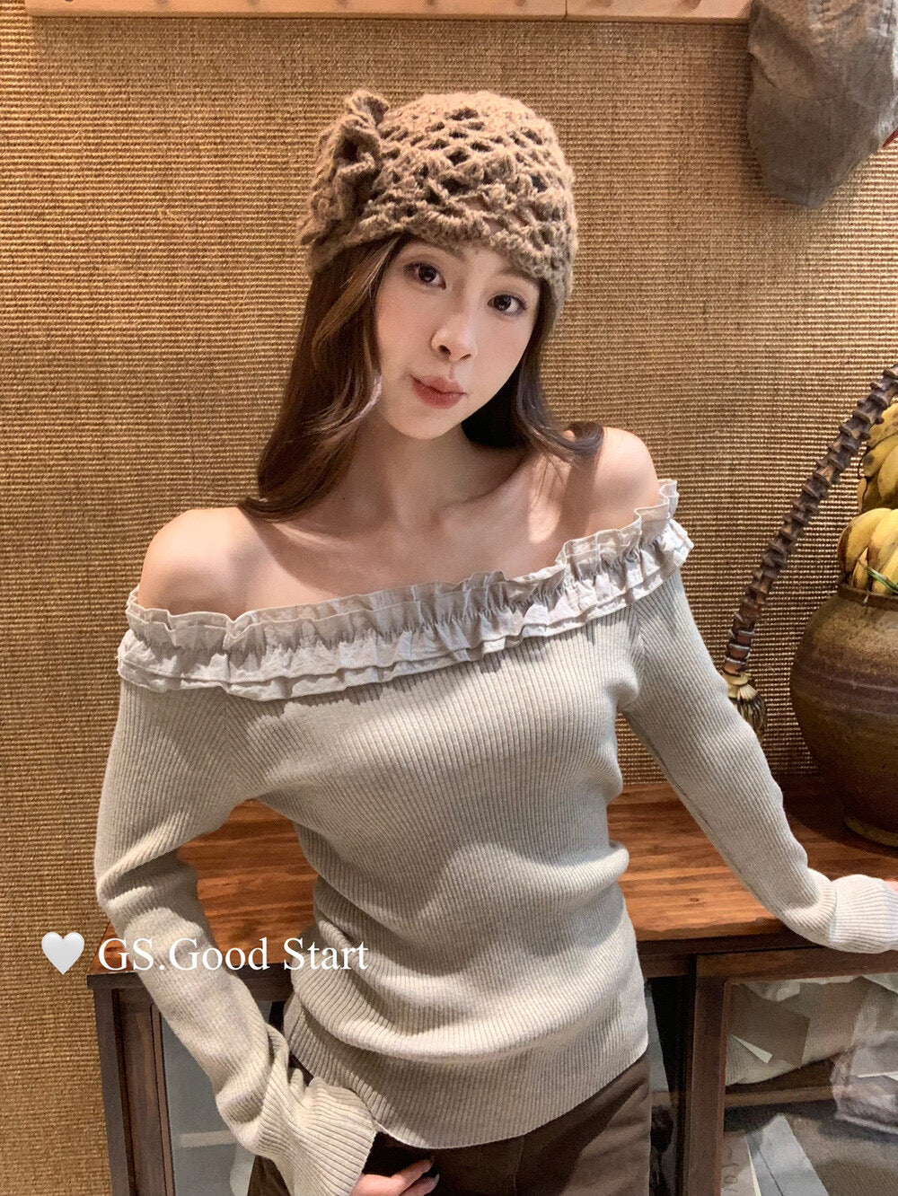 Ruffle Trim Off-Shoulder Knit Top