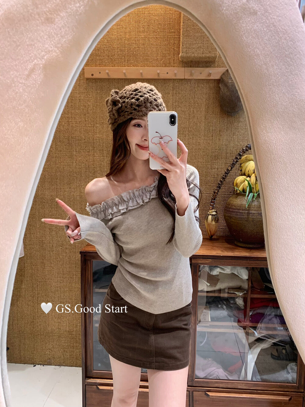 Ruffle Trim Off-Shoulder Knit Top