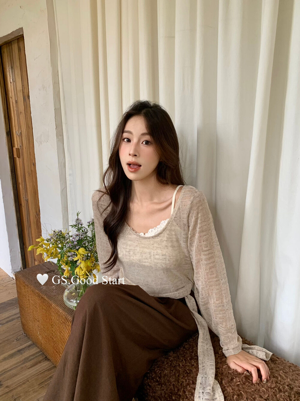 Signature Layered Tie-Waist Blouse + Lace Cami Set