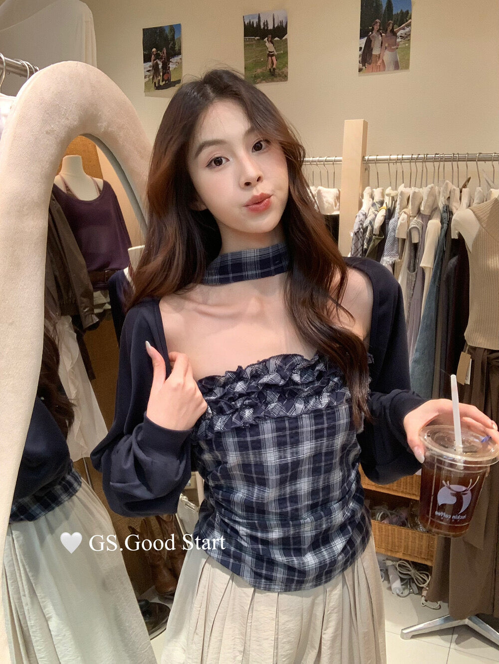 Plaid Halter Bustier + Cardigan Set with Detachable Ribbon