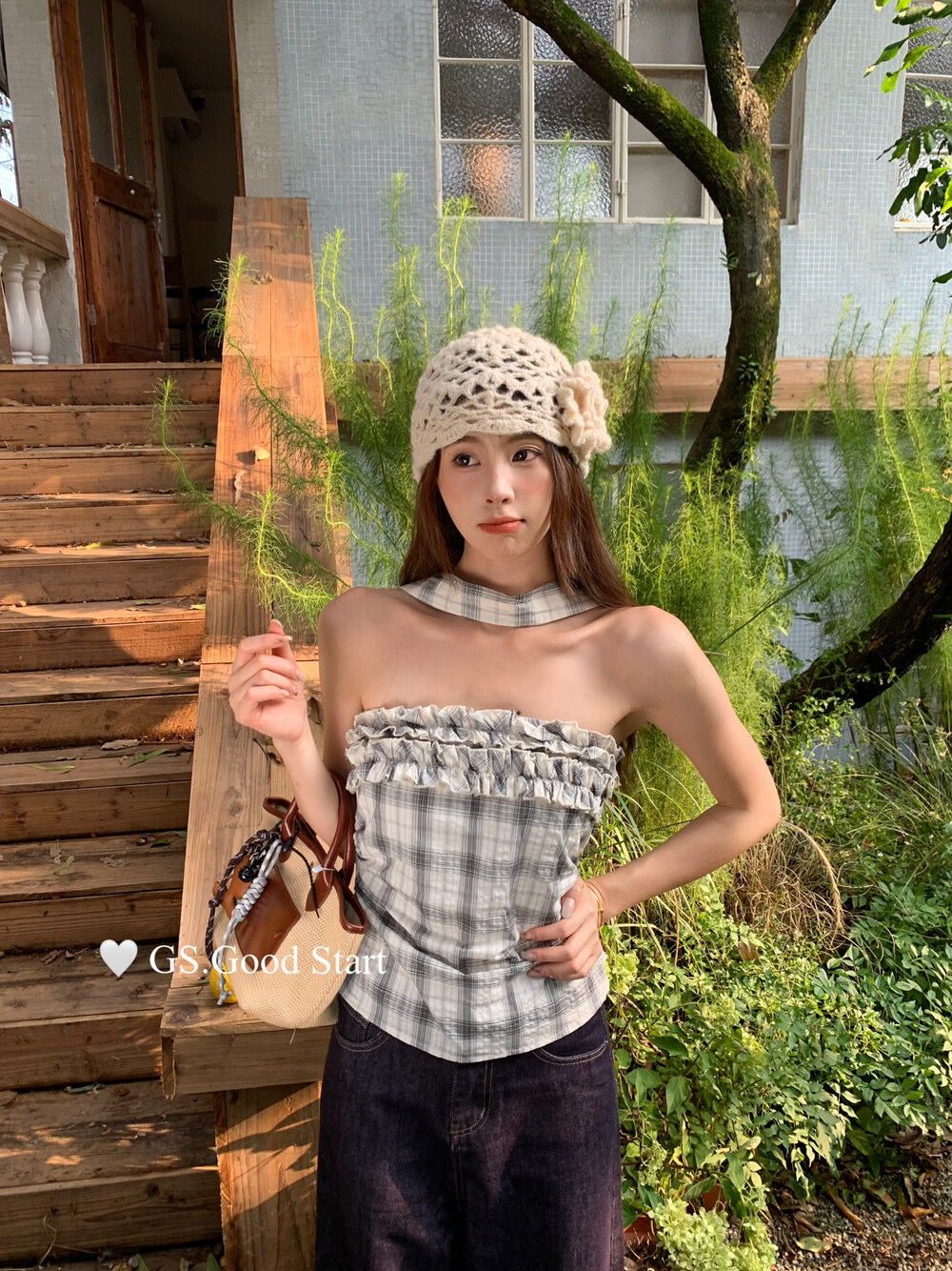 Plaid Halter Bustier + Cardigan Set with Detachable Ribbon