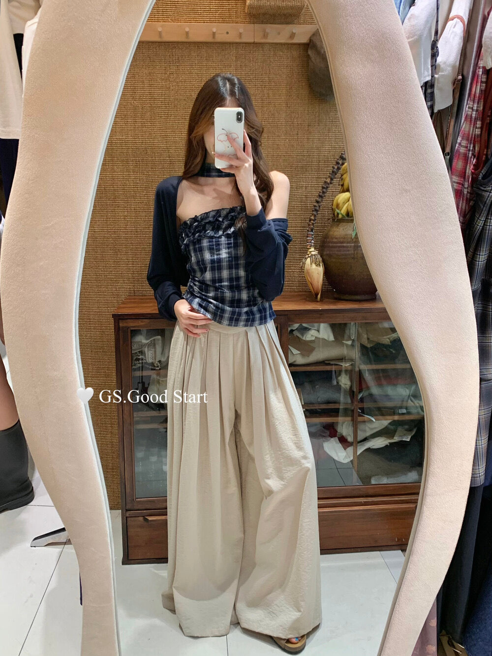 Plaid Halter Bustier + Cardigan Set with Detachable Ribbon