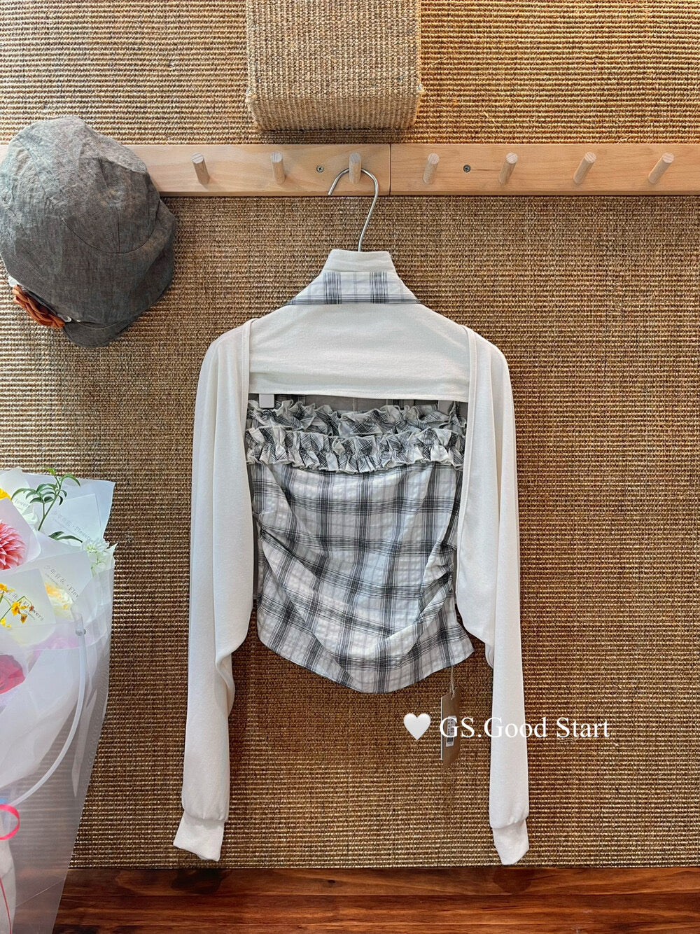 Plaid Halter Bustier + Cardigan Set with Detachable Ribbon