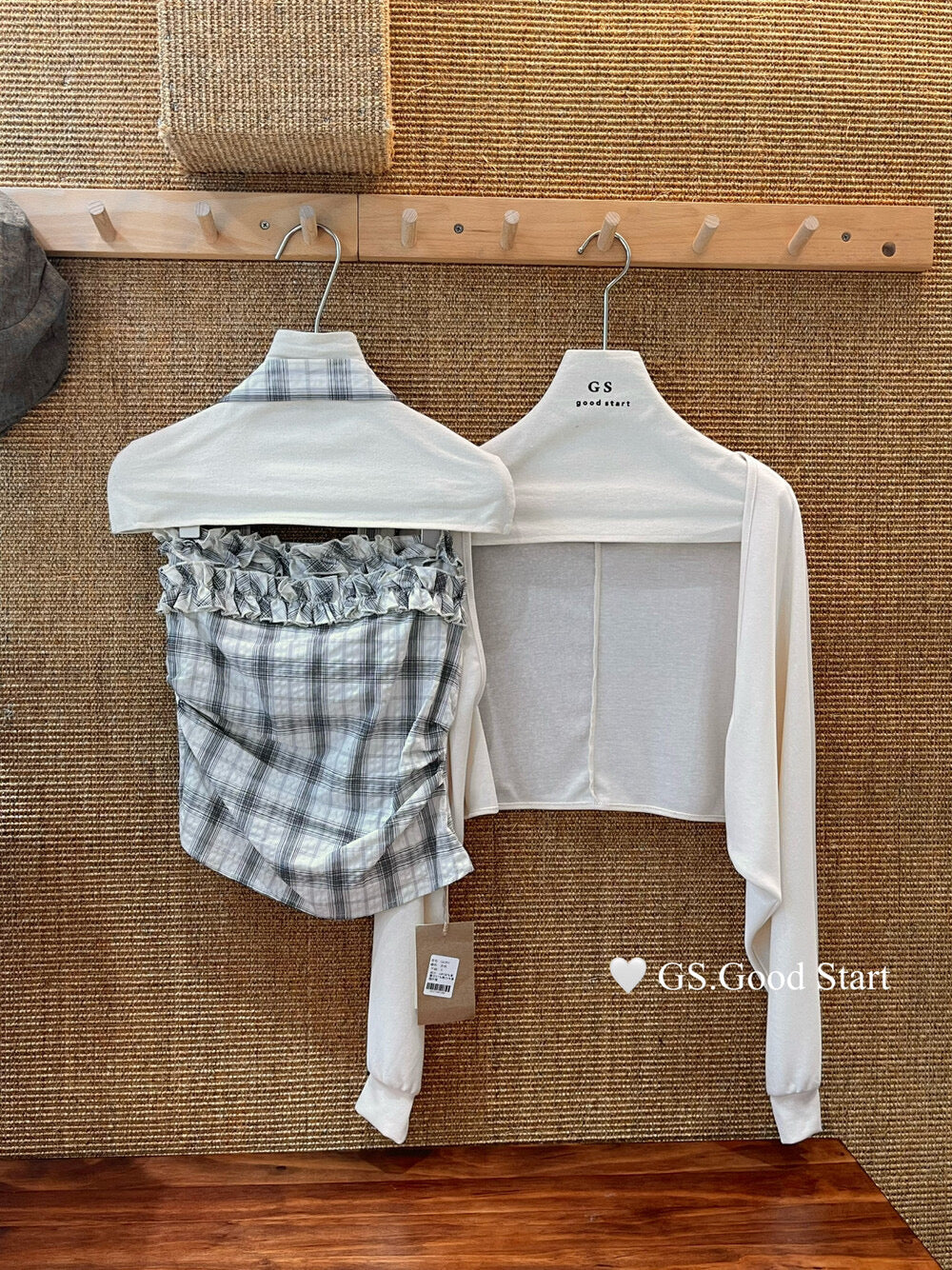 Plaid Halter Bustier + Cardigan Set with Detachable Ribbon