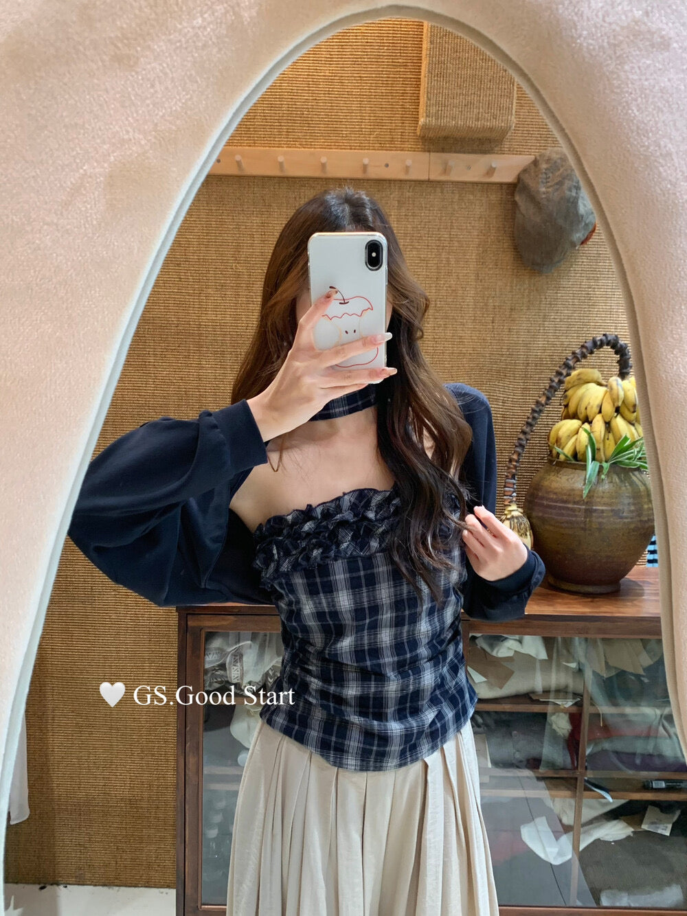 Plaid Halter Bustier + Cardigan Set with Detachable Ribbon