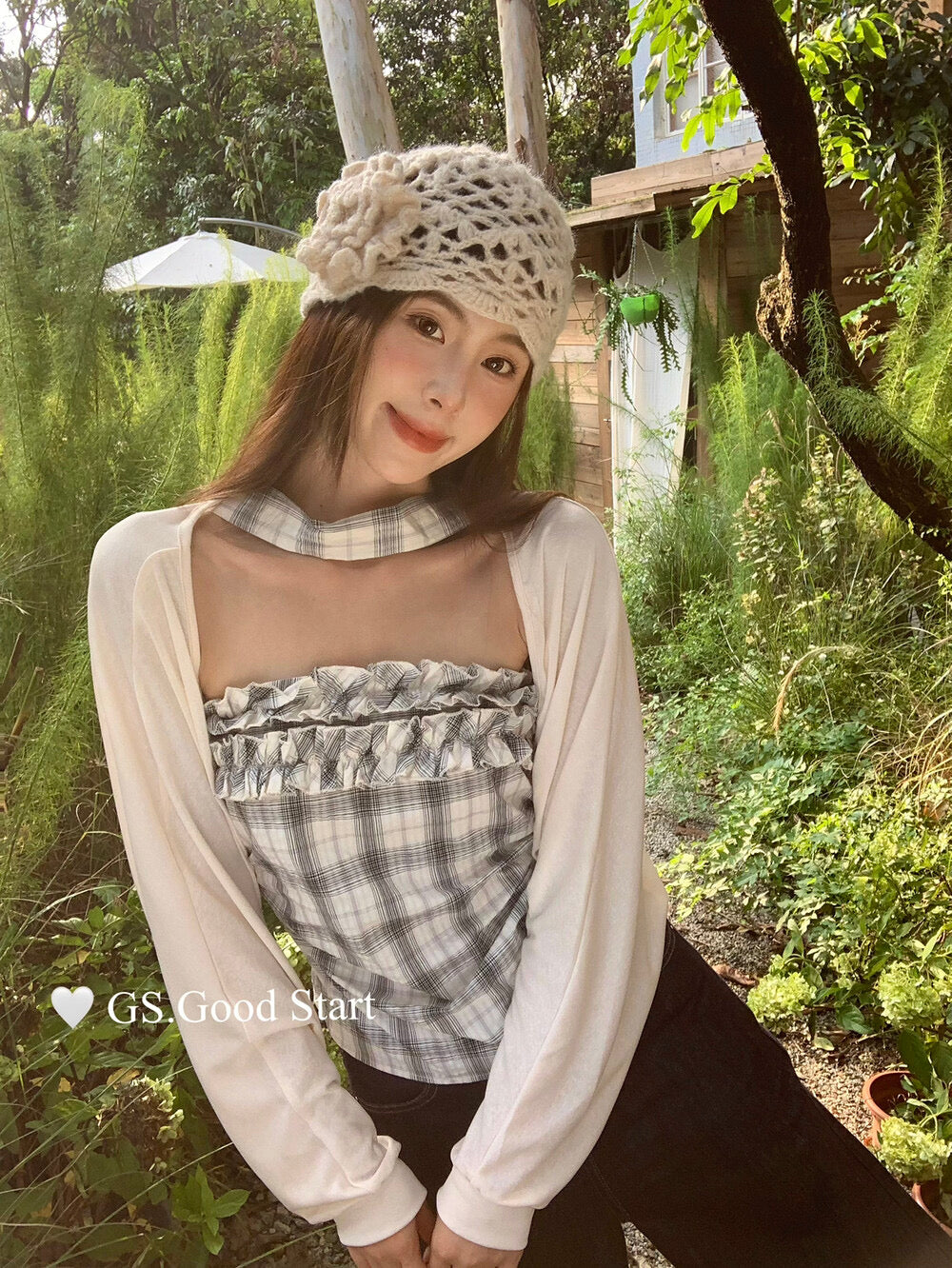 Plaid Halter Bustier + Cardigan Set with Detachable Ribbon