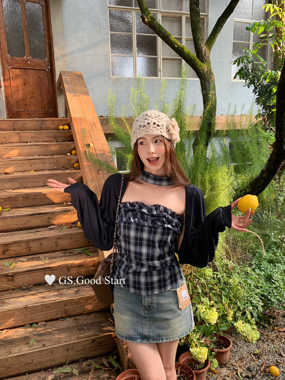 Plaid Halter Bustier + Cardigan Set with Detachable Ribbon