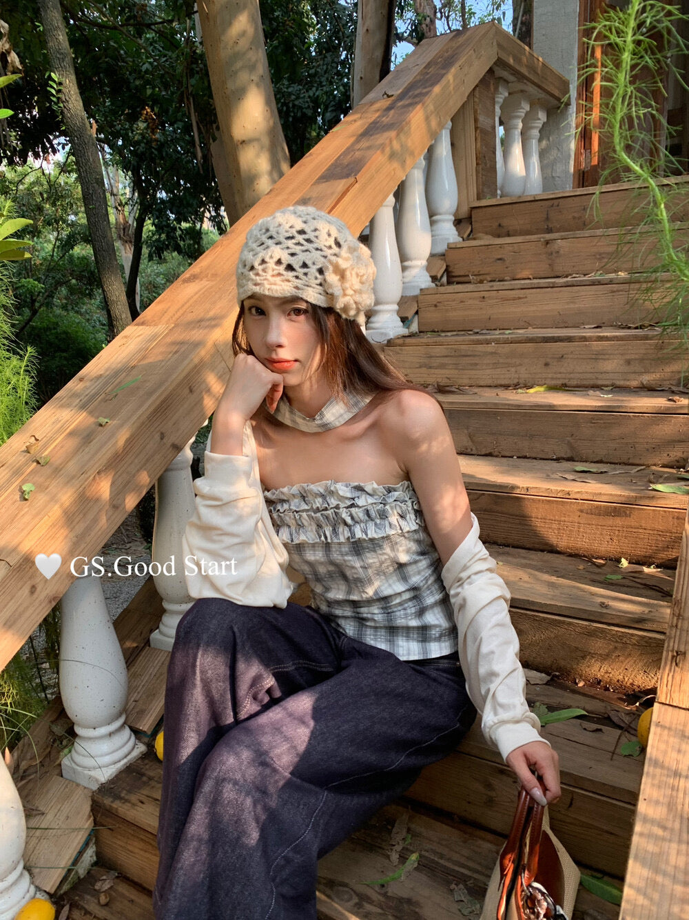Plaid Halter Bustier + Cardigan Set with Detachable Ribbon