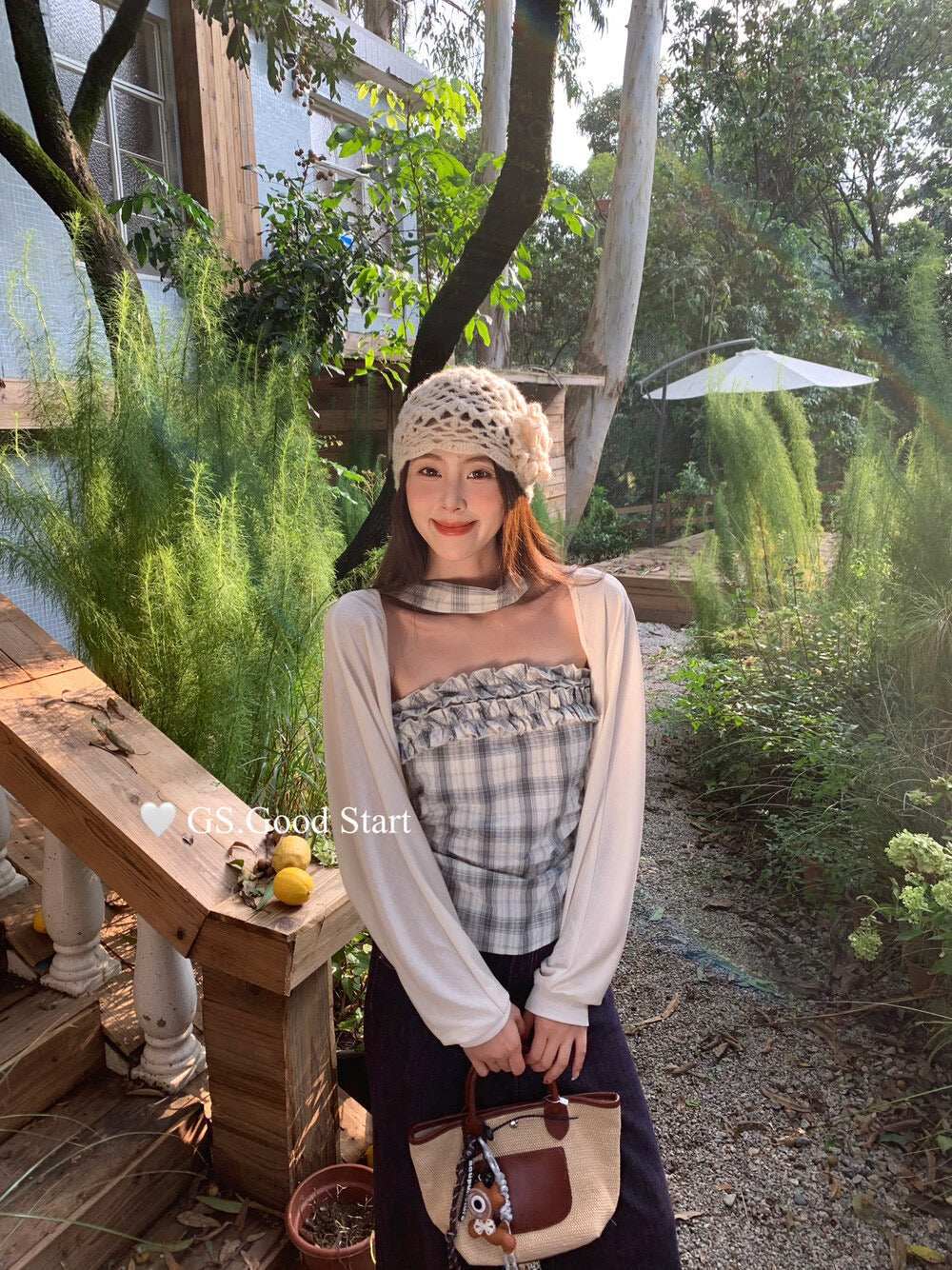 Plaid Halter Bustier + Cardigan Set with Detachable Ribbon