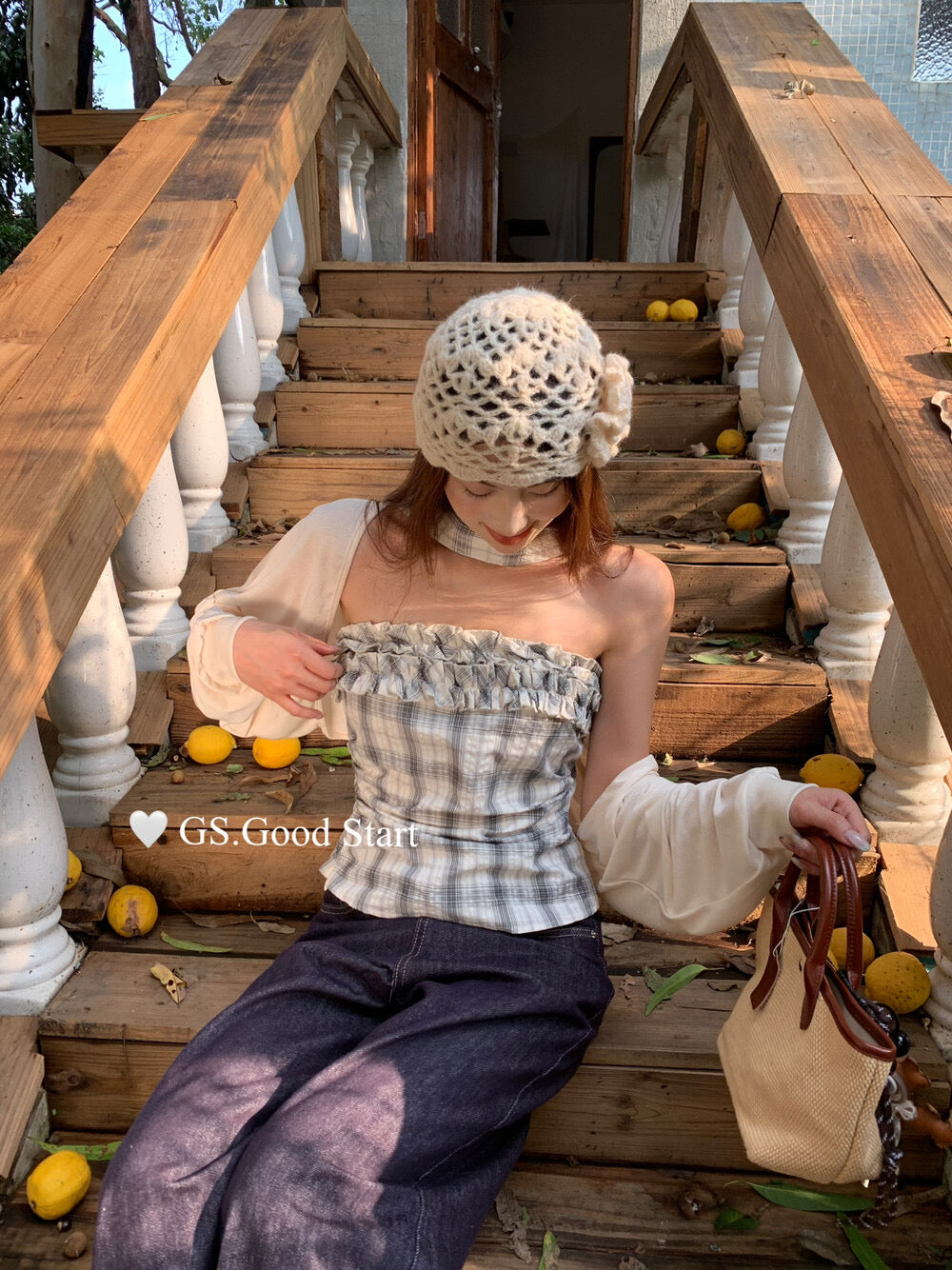 Plaid Halter Bustier + Cardigan Set with Detachable Ribbon