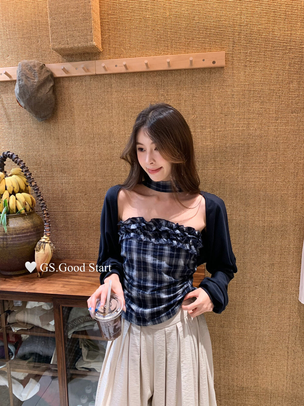 Plaid Halter Bustier + Cardigan Set with Detachable Ribbon