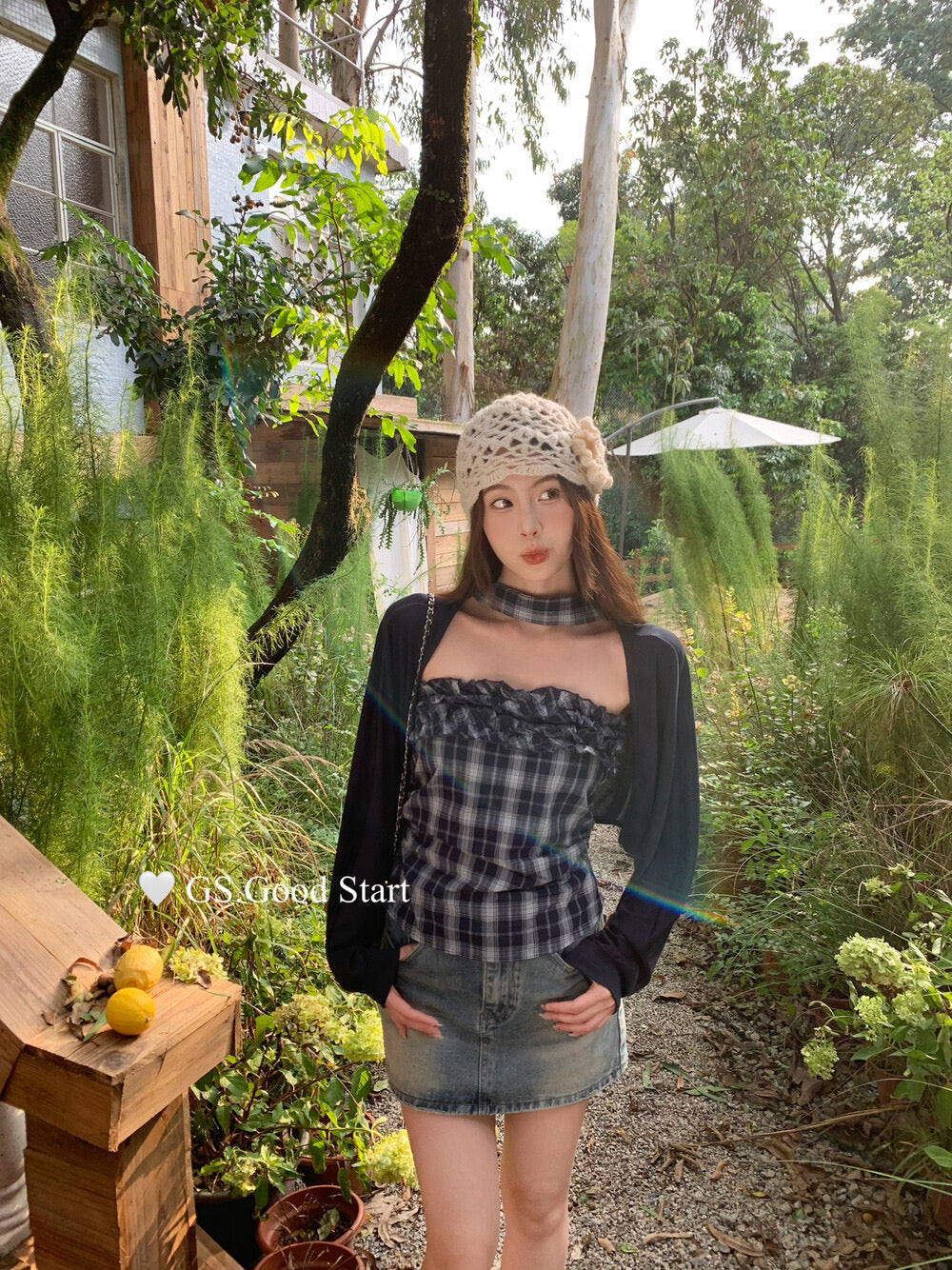 Plaid Halter Bustier + Cardigan Set with Detachable Ribbon