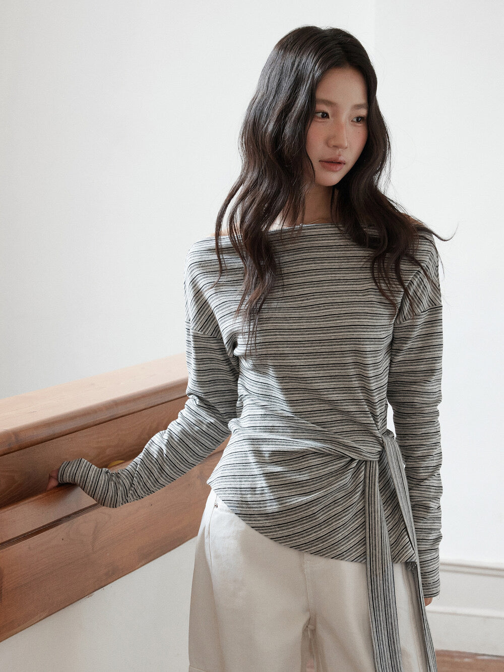 Korean Off-Shoulder Tie-Waist Long-Sleeve Top