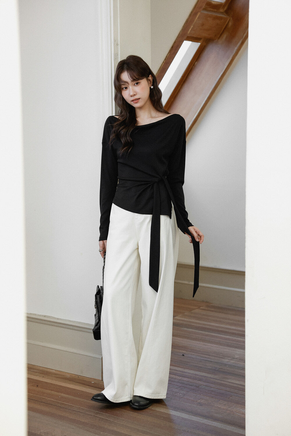 Korean Off-Shoulder Tie-Waist Long-Sleeve Top