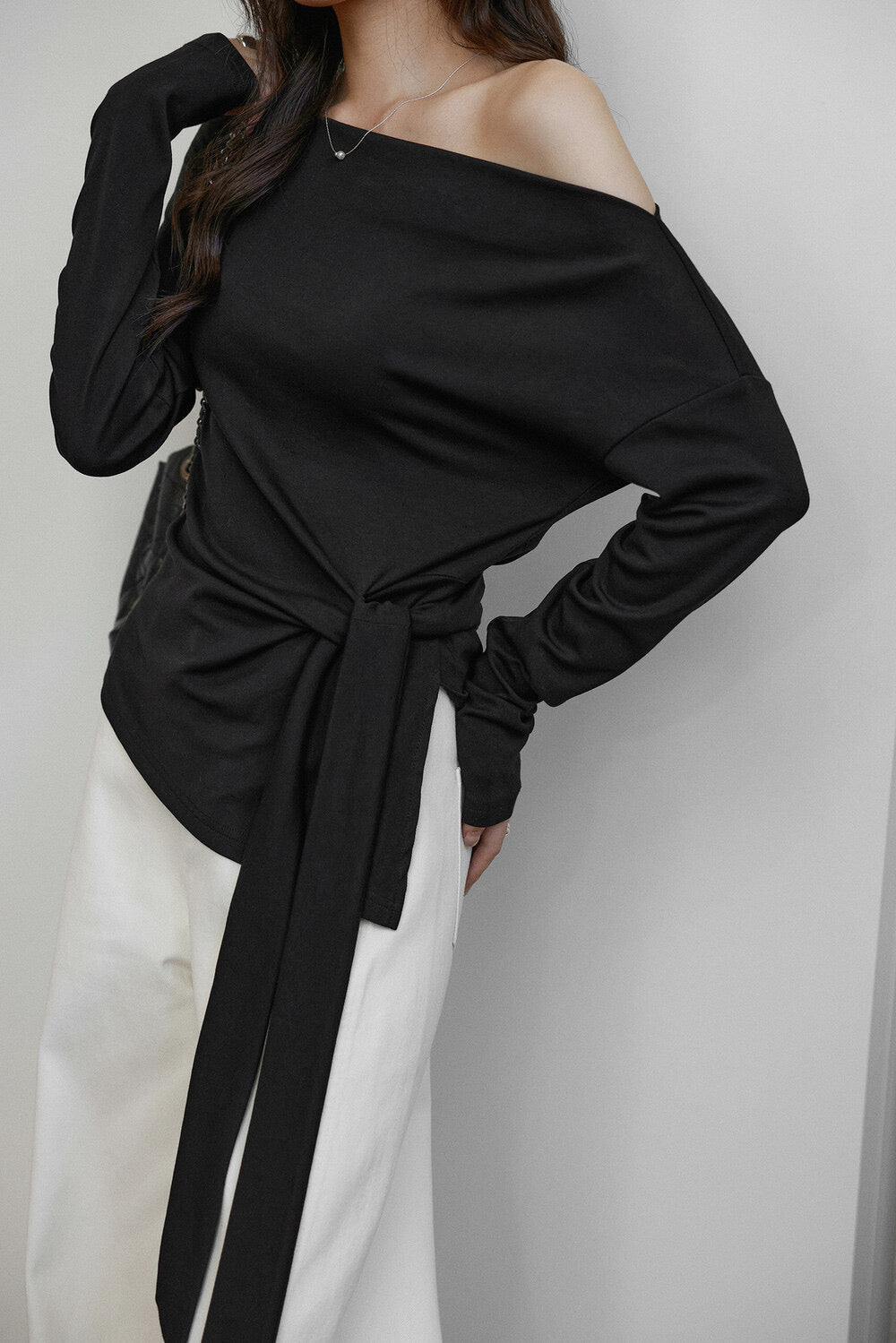 Korean Off-Shoulder Tie-Waist Long-Sleeve Top