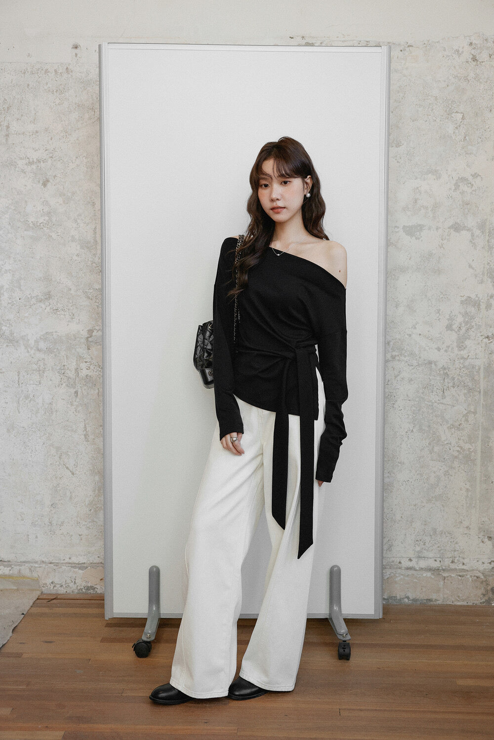 Korean Off-Shoulder Tie-Waist Long-Sleeve Top