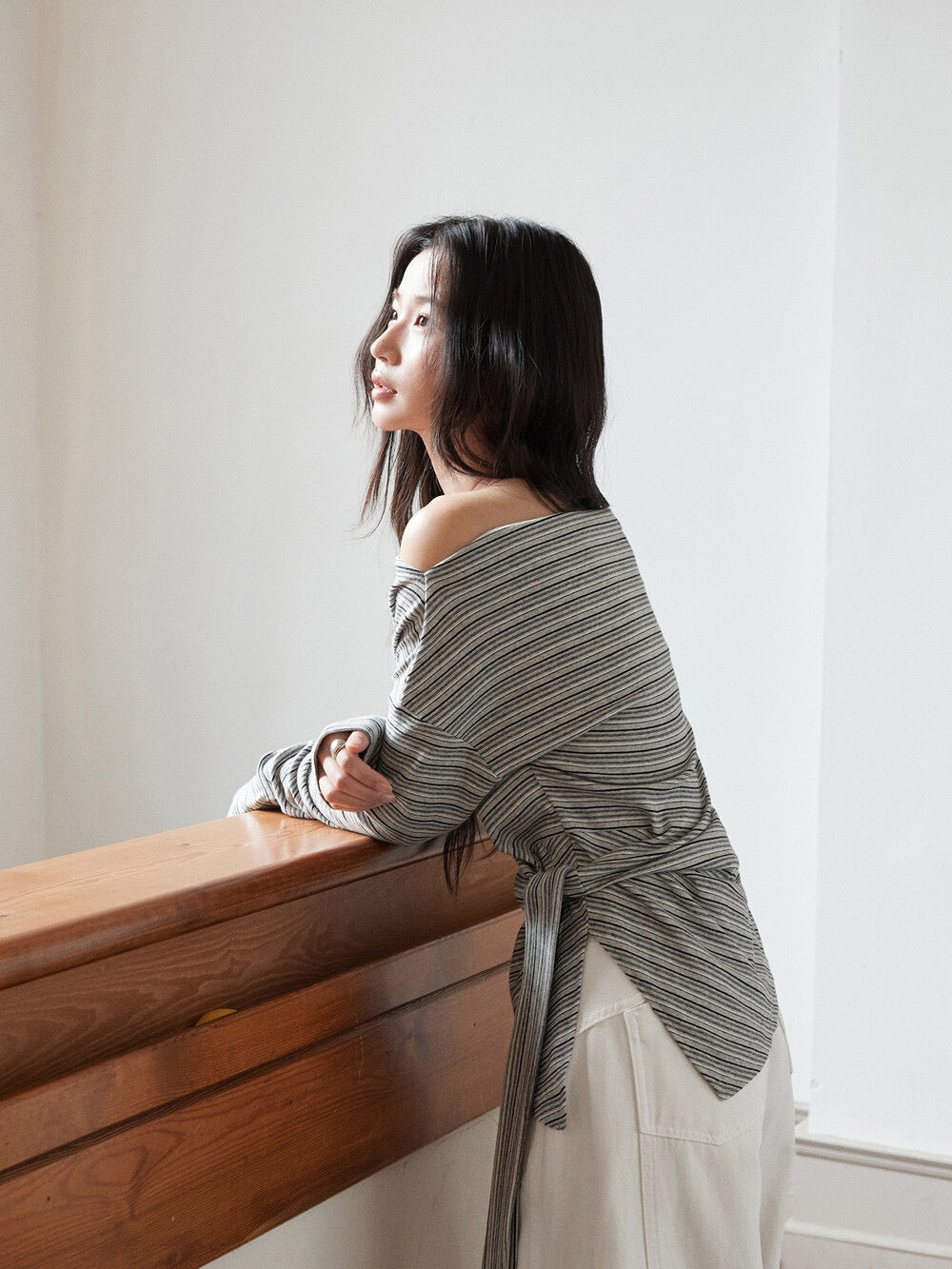 Korean Off-Shoulder Tie-Waist Long-Sleeve Top