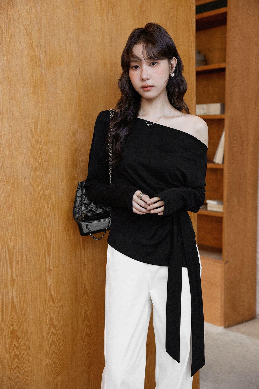 Korean Off-Shoulder Tie-Waist Long-Sleeve Top