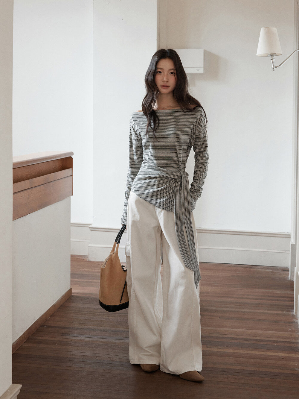 Korean Off-Shoulder Tie-Waist Long-Sleeve Top