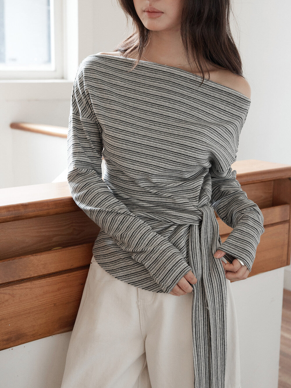 Korean Off-Shoulder Tie-Waist Long-Sleeve Top