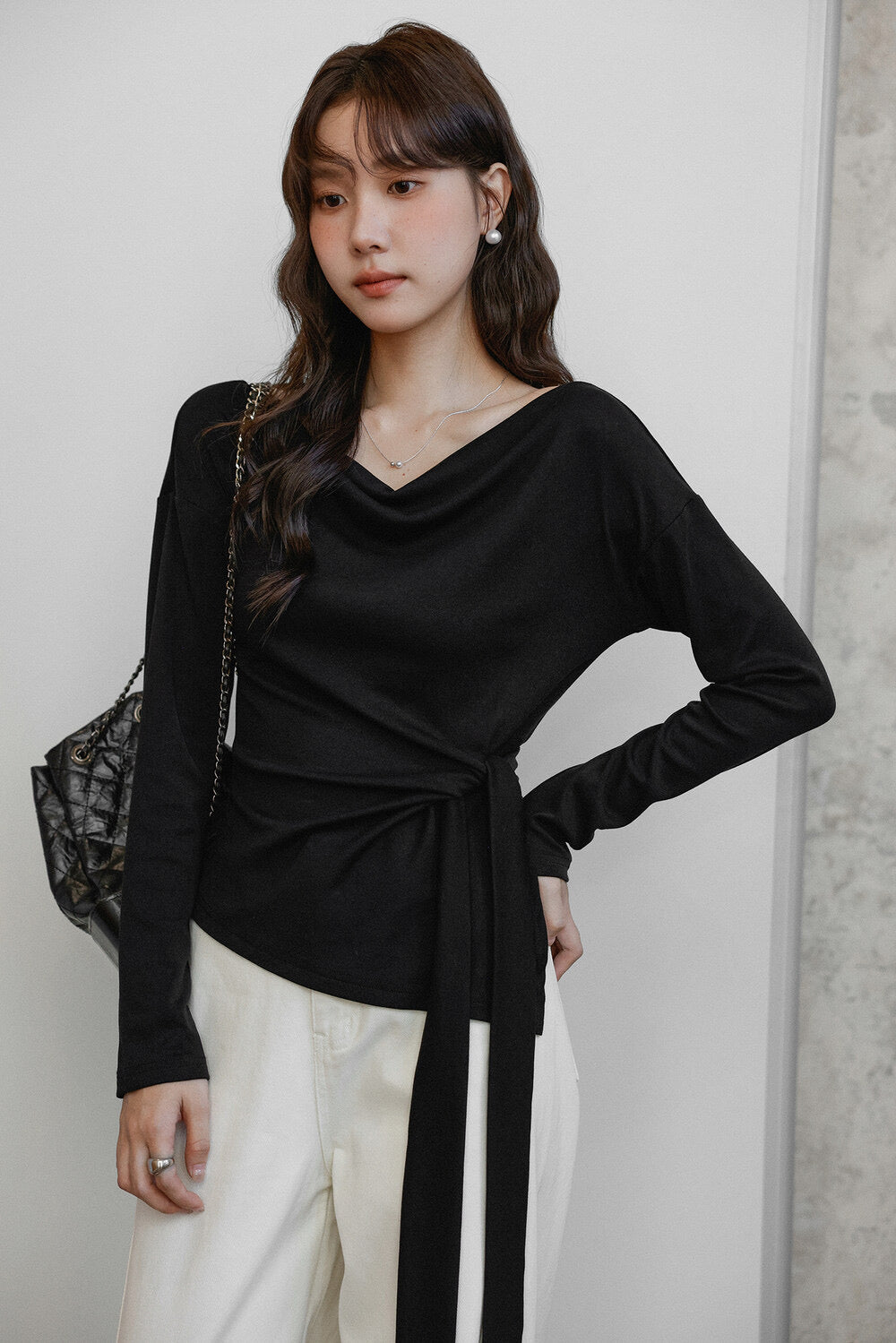 Korean Off-Shoulder Tie-Waist Long-Sleeve Top