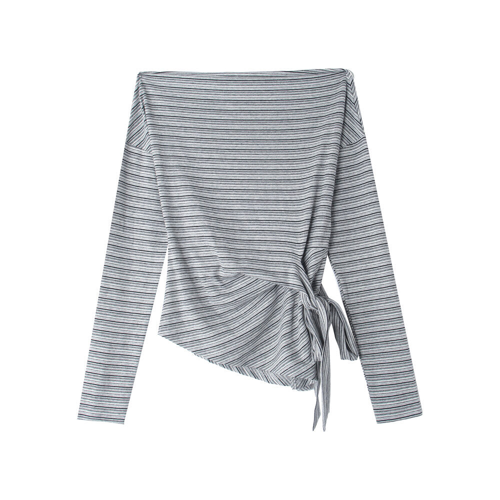Korean Off-Shoulder Tie-Waist Long-Sleeve Top