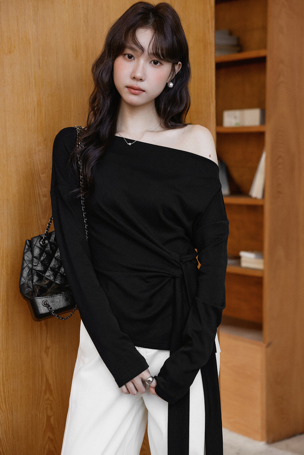 Korean Off-Shoulder Tie-Waist Long-Sleeve Top