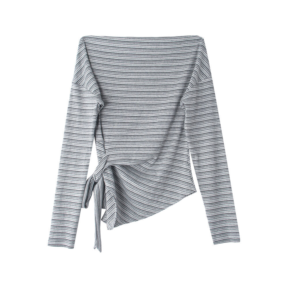 Korean Off-Shoulder Tie-Waist Long-Sleeve Top