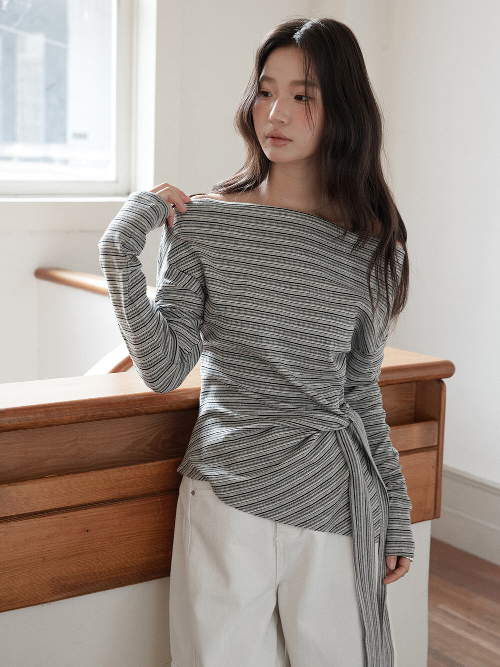 Korean Off-Shoulder Tie-Waist Long-Sleeve Top