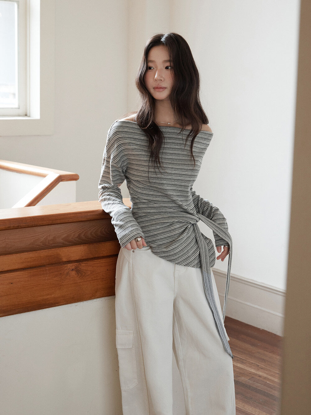 Korean Off-Shoulder Tie-Waist Long-Sleeve Top