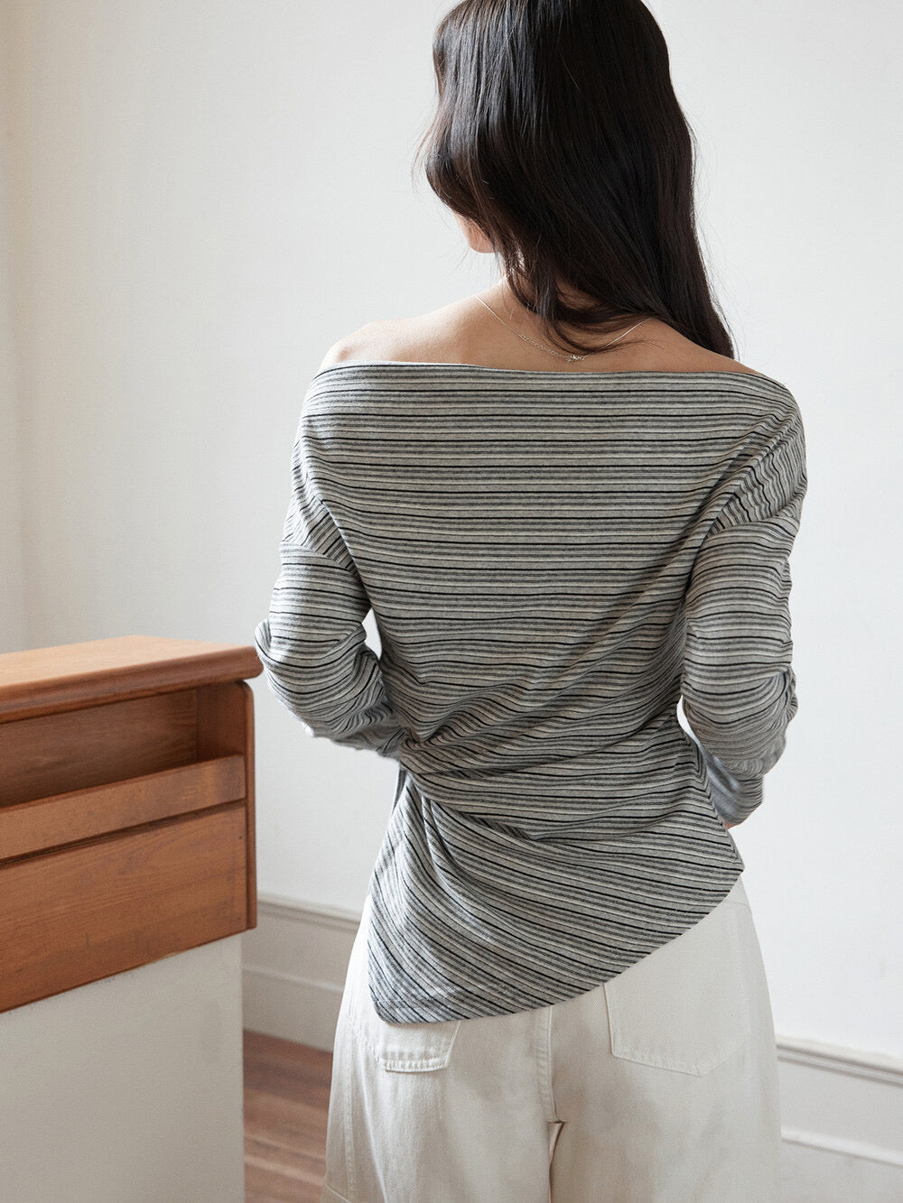 Korean Off-Shoulder Tie-Waist Long-Sleeve Top