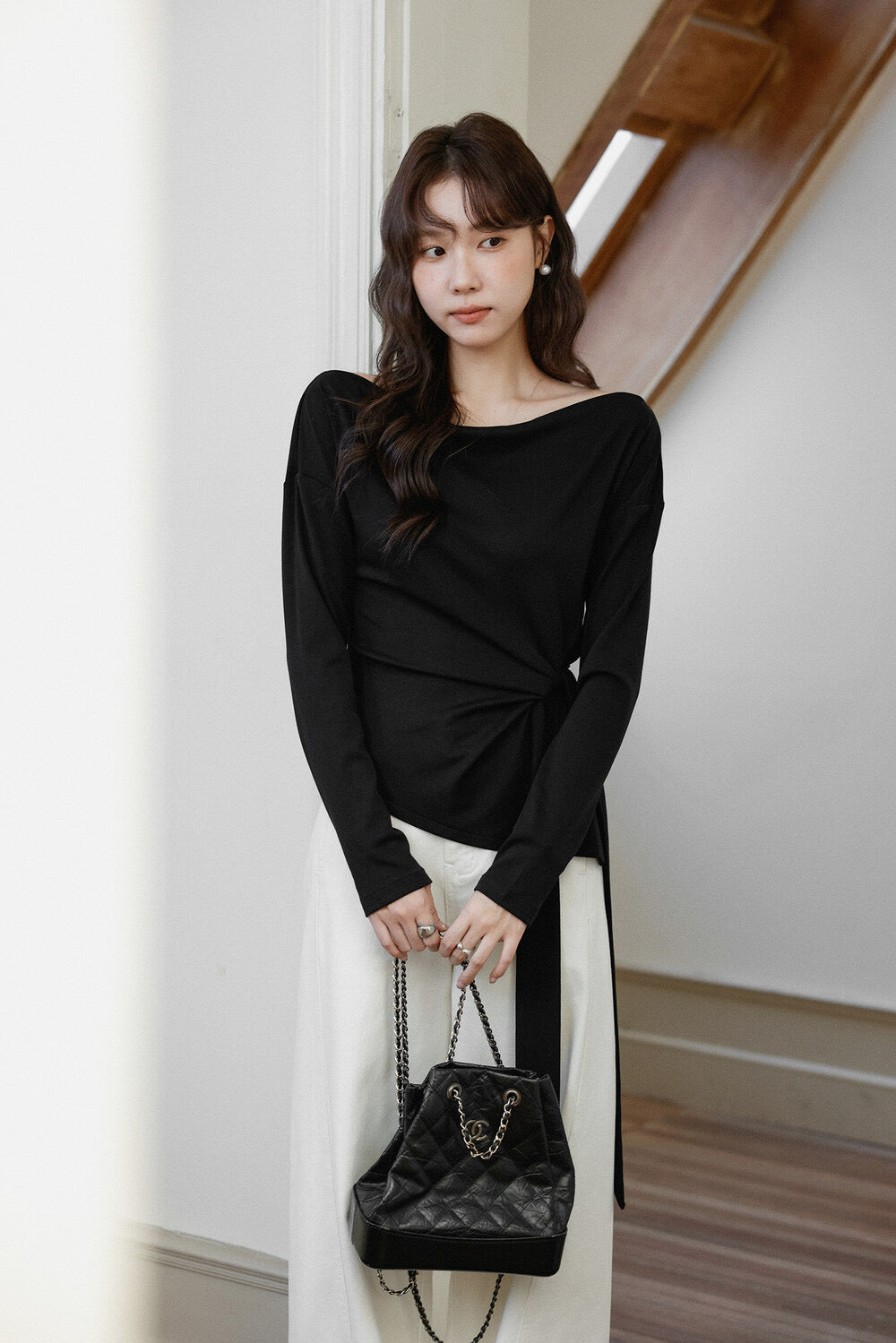 Korean Off-Shoulder Tie-Waist Long-Sleeve Top