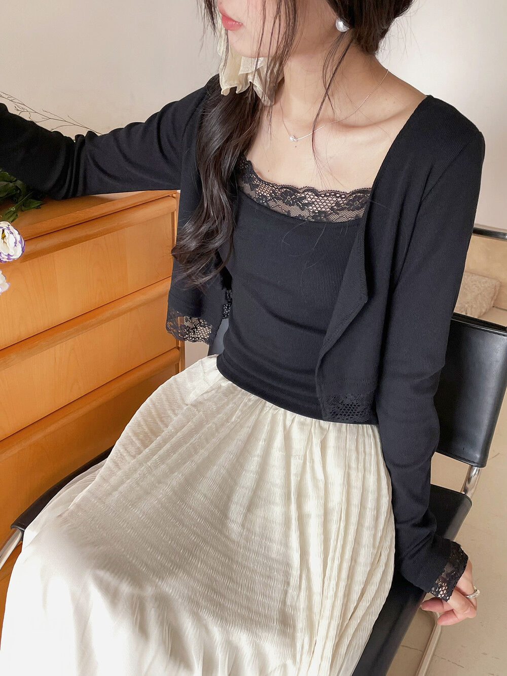 V-Neck Lace-Trim Blouse + Spaghetti Strap Tank Set