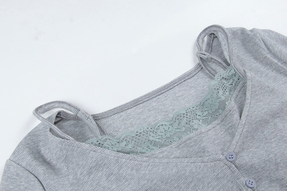 V-Neck Lace-Trim Blouse + Spaghetti Strap Tank Set