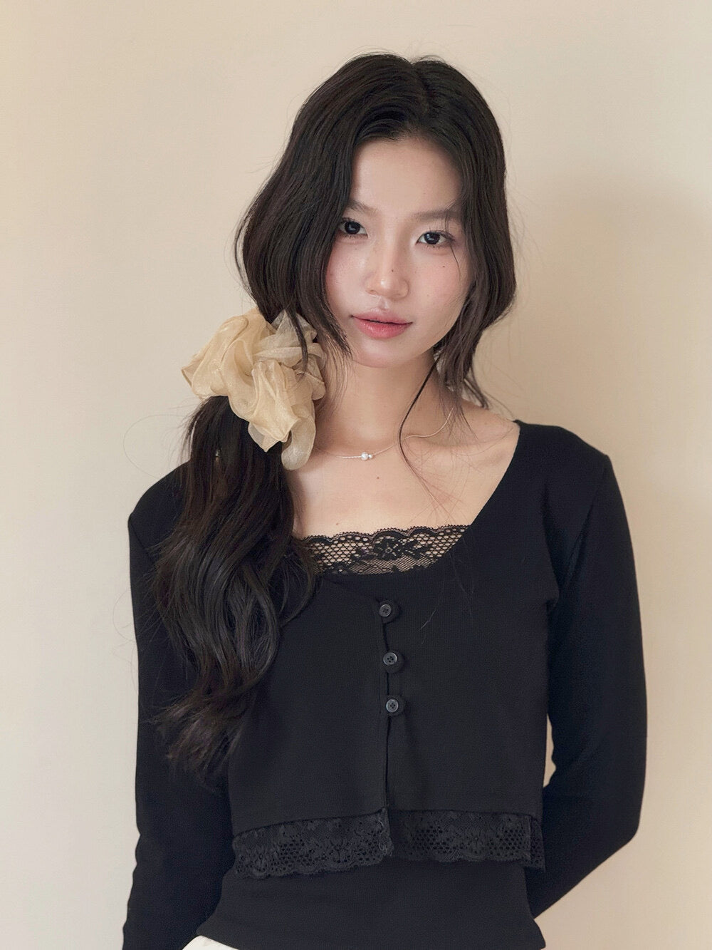 V-Neck Lace-Trim Blouse + Spaghetti Strap Tank Set