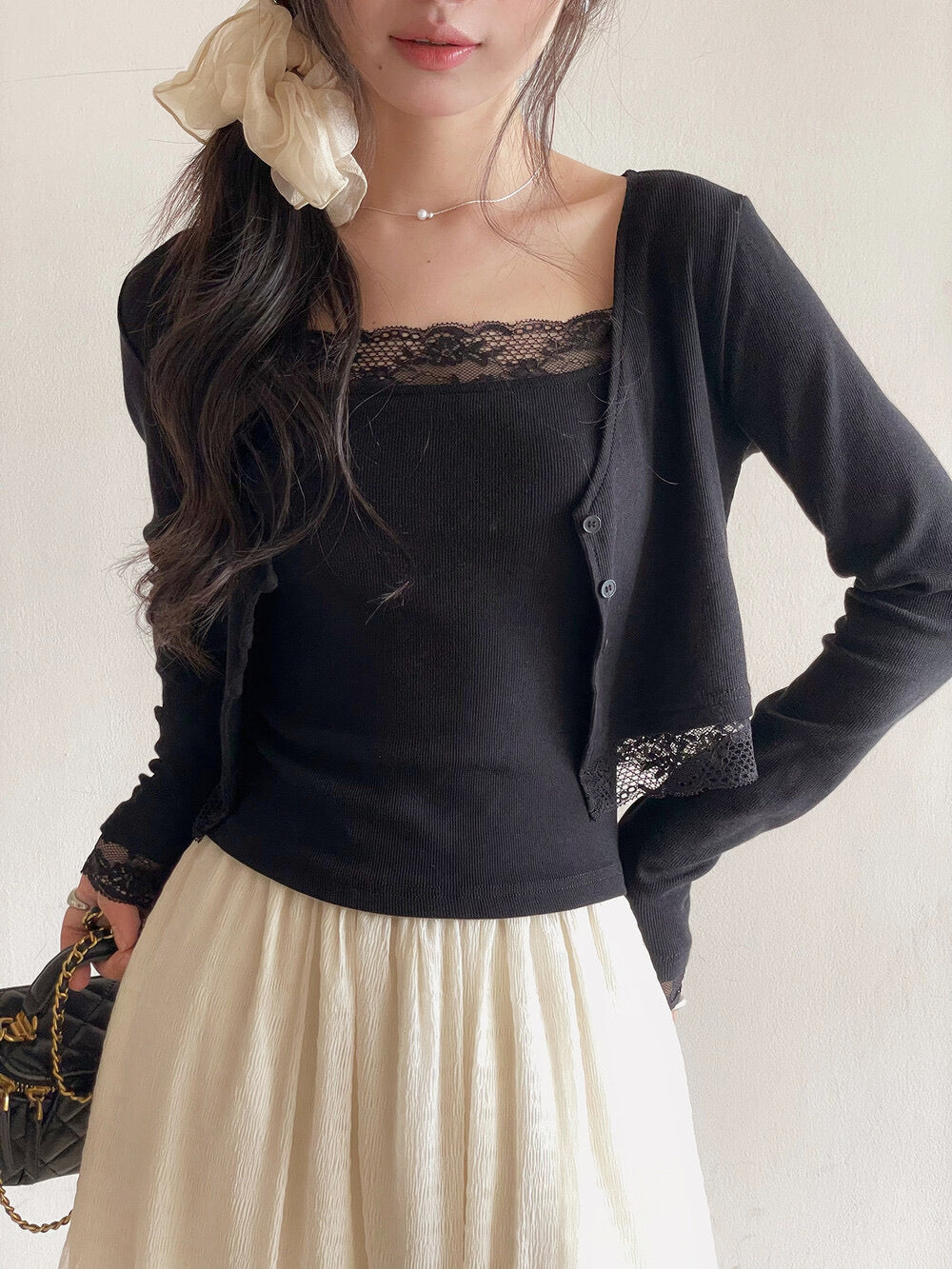 V-Neck Lace-Trim Blouse + Spaghetti Strap Tank Set